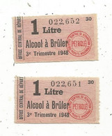 Coupon, Office Central De Répartition Des Produits Industriels, 1 LITRE ALCCOL A BRULER, 1948, 2 Scans, LOT DE 2 - Non Classés