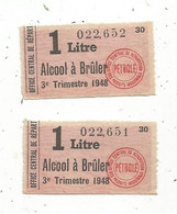 Coupon, Office Central De Répartition Des Produits Industriels, 1 LITRE ALCCOL A BRULER, 1948, 2 Scans, LOT DE 2 - Ohne Zuordnung