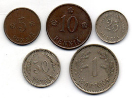FINLAND - Set Of Five Coins 5, 10, 25, 50 Pennia, 1 Markka, Copper, Copper-Nickel, Year 1919-22, KM # 22, 24, 25, 26, 27 - Finland