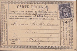 F CPO (1221 - Mai 1878 T37) Obl. Collonges Le 28 Nov 78 Sur 10c Noir Sur Lilas Sage N° 89 Pour Belley - Cartes Précurseurs