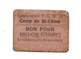 1914-1918 // P.O.W. // Bon De Prisonnier De Guerre // COMPAGNIE N°79 // CAMP De St-CÔME // Bon Pour Vingt Cinq Centimes - Other & Unclassified