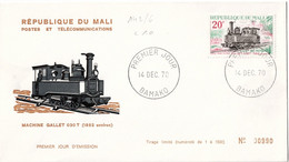 169 - MALI - Enveloppe 1er Jour - 14 Décembre 1970 - Locomotive Machine Gallet 030T - Mali (1959-...)