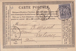 F CPO (750 - Avril 1878 T36) Obl. Bourg De Péage Le 25 Avril 79 Sur 10c Noir Sur Lilas Sage N° 89 Pour Valence - Precursor Cards