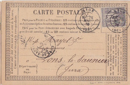 F CPO (2242 - Septembre 1876 T26) Obl. Lyon Le 28 Nov 76 Sur 15c Gris Sage N° 77 Pour Lons Le Saunier - Cartes Précurseurs