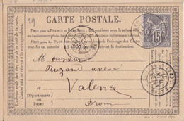 F CPO (354 - Février 1877 T29) Obl. Lyon 8 Le 22 Juin 77 Sur 15c Gris Sage N° 77 Pour Valence - Precursor Cards