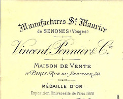 Famille Seillière 1888 ENTETE MANUFACTURE ST MAURICE Senones Vosges Vincent Ponnier LETTRE VOIR HISTORIQUE - 1800 – 1899