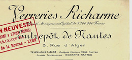 1930 INDUSTRIE Groupe B.S.N VERRERIE ENTETE VERRERIES RICHARME Rive De Gier (Loire) De Nantes => Verreries De L’Ouest - 1900 – 1949