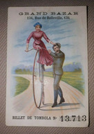 CHROMO TOMBOLA VELO MAGASIN GRAND BAZAR PARIS BELLEVILLE CYCLE CYCLISME 1880-90 - Sonstige & Ohne Zuordnung