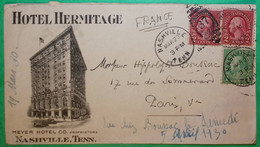 ENVELOPPE PUB ILLUSTREE AD HOTEL HERMITAGE MEYER NASHVILLE TENNESSEE USA POUR PARIS FRANCE 5 CENTS WASHINGTON 1920 - Covers & Documents
