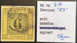 Mi 7 BREITRANDIG ! & TADELLOS  Geprüft Stegmüller BPP 1853 6 Kr Gelb Gestempelt 87 MANNHEIM Briefstück  (Bade XF Baden - Gebraucht