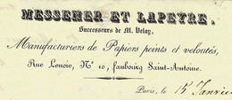 1845 Paris MESSENER ET LAPEYRE  SUCC. De Velay MANUFACTURE DE PAPIERS PEINTS ET VELOUTES Pour Metz VOIR HISTORIQUE - 1800 – 1899