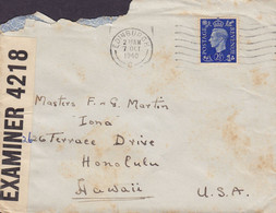 Great Britain EDINBURGH 1940 Cover Brief HONOLULU Hawaii Zensur Censor P.C. 90 OPENED BY EXAMINER '4218' Label GVI. - Hawaii