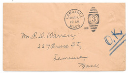 Postal History 2c Postally Used "Albino" (U413), Lawrence, Mass 1908 Mar 10 O.K. Postman Mark - 1901-20