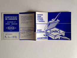 MODE D'EMPLOI RECETTES 1971 Gaufriers SIMPAS Tampon Garantie FROID SENONAIS à SENS 89100 - Matériel Et Accessoires