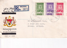 MALAYSIA MALACC 1959 INAUGURATION OF PARLIAMENT REGD FDC COVER TO ENGLAND. - Malacca