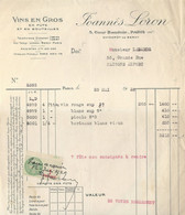 Facture Joannès Loron Vins En Gros - Paris - 1929 - Timbre Fiscal 1F - Covers & Documents