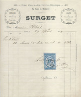Facture Surget - Paris - 1874 - Timbre Quittances, Reçus Et Décharges 10c - Lettres & Documents