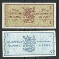 FINLAND FINNLAND 1963 - 1 & 5 Markkaa Bank Notes Banknoten - Finlande