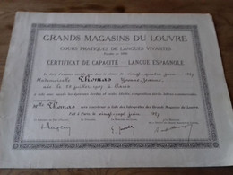 28/ GRANDS MAGASINS DU LOUVRE LANGUE ESPAGNOL EPREUVE ECRITES 1927 DIPLOME 27X 35 CM - Diploma & School Reports