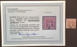 Mi 4 IA ! GUTE TYPE & STEMPEL Befund Stegmüller BPP Bayern 1849 6 Kr Seltener Fingerhutstempel KUSEL (Pfalz - Usati