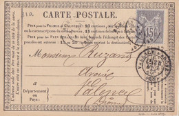F CPO (1240 - Juin 1877 T31) Obl. Valence S Rhône Le 24 Août 77 Sur 15c Gris Sage N° 77 Pour Valence - Precursor Cards