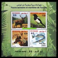 2018- Tunisia- Terrestrial And Maritime Fauna From Tunisia: The Garfish- The Golden Jackal- Magpie- Berber Deer- Block - Tunisia (1956-...)