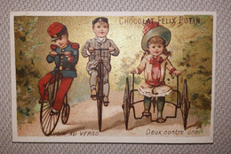 CHROMO VELO CHOCOLAT FELIX POTIN DEUX CONTRE UNE CYCLE CYCLISME 1880 - 1900 - Sonstige & Ohne Zuordnung