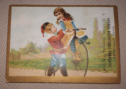 CHROMO VELO GRANDE BISCUITERIE FRANCAISE MONTEUX CYCLE CYCLISME 1880-1890 - Otros & Sin Clasificación
