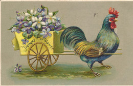 Joyeux Pâques Coq Tirant Une Charrette De Fleurs - Carte Gaufré Circulée 1906 - Pasen