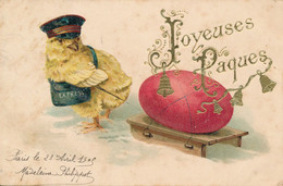 Joyeuses Pâques Poussin Facteur Express Tirant Une Luge Avec Un œuf - Carte Gaufré Circulée 1905 - Pasen