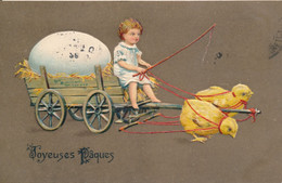 Joyeuses Pâques Enfant Sur Un Attelage Poussin Tirant Un œuf - Carte Gaufré Circulée 1907 - Pasen