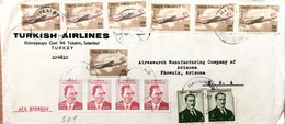 TURKEY TO USA USED COVER 1967, TURKISH AIRLINES, AIR EXPRESS!! 220K  7 AIRCRAFT STAMPS, KEMAL ATATURK STAMPS, HAVAALANI - Storia Postale