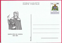 SAN MARINO - CARTOLINA POSTALE LIRE 200 - SANTA RITA DA CASCIA -  (CAT. INT. 44)- NUOVA NON VIAGGIATA - Interi Postali