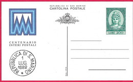 SAN MARINO - 1982 - CARTOLINA POSTALE LIRE 200 - CENTENARIO INTERI POSTALI  (CAT. INT. 49)- NUOVA NON VIAGGIATA - Entiers Postaux