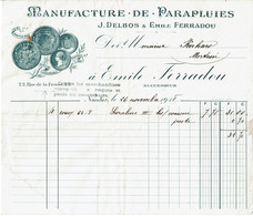 1918 - Facture De La MANUFACTURE DE PARAPLUIES - J. Delbos Et E. Ferradou De Nantes - Other & Unclassified