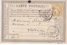 F CPO (Mars 1876 T 22) Obl. Die Le 5 Août 76 Sur 15c Bistre Cérès N° 59 Pour Valence - Precursor Cards