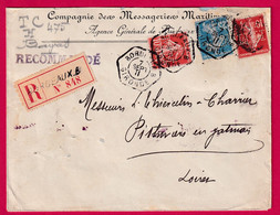 N°138 140 PERFORE M.M MESSAGERIES MARITIMES RECOMMANDE BORDEAUX B HEXAGONAL 1911 PITHIVIERS LOIRET LETTRE COVER - Lettres & Documents