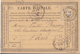 F CPO (Décembre 1875 T 20) Obl. Libourne Le 31 Mars 76 Sur 15c Bistre Cérès N° 59 Pour Paris - Precursor Cards