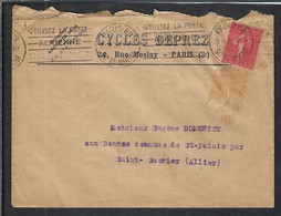 FRANCE 1930. LSC De Paris à St Sauvier (Allier) Affr. De 50c - 1903-60 Semeuse Lignée