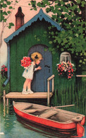 CPA Illustrateur Non Signé - Petite Fille Frappant A Une Porte  - Petite Maisonnette - Barque Sur L'eau - Zonder Classificatie