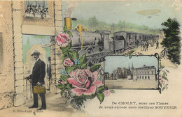 (XX) Carte Montage Gare Train Locomotive Voyageuse Voyageur. Je Vous Envoie Le Bonjour De CHOLET 49 En 1915 - Cholet