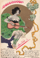 CPA Illustrateur Raphael KIRCHNER ? Guitare - Masque - Style Art Nouveau - Danseuse Ballerine - Ohne Zuordnung