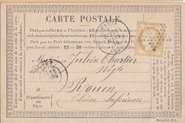 F CPO (Novembre 1875 T 19) Obl. Etoile Paris Le 13 Mars 76 Sur 15c Bistre Cérès N° 55 Pour Rouen - Vorläufer