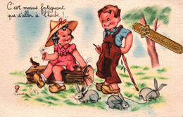 ILLUSTRATEUR GOUGEON . " C EST MOINS FATIGUANT QUE D ALLER A L HERBE " ENFANT PROMENANT EN LAISSE DES LAPINS - Gougeon