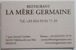 CARTE DE VISITE RESTAURANT LA MERE GERMAINE VILLEFRANCHE SUR MER ALPES MARITIME - Visiting Cards