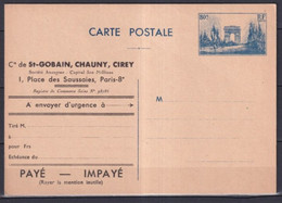 1940 - CARTE ENTIER TYPE ARC DE TRIOMPHE NEUVE Avec REPIQUAGE ST GOBAIN ! - Postales  Transplantadas (antes 1995)