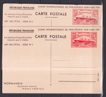 1939 - 2 CARTES ENTIER TYPE PAQUEBOT NORMANDIE VARIETE COULEUR ! REPIQUAGE COUPE PHILATELISTE NEW YORK - Overprinter Postcards (before 1995)