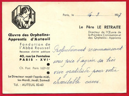 Carte De Visite Le Père LE RETRAITE Oeuvre Des Orphelins-Apprentis D'Auteuil 75016 PARIS - Visiting Cards