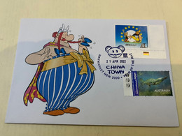 (1 L 52) Asterix  - (Obelix In Costume) !  Platypus Stamp + Asterix Cinderela Guernsey Stamp (with German Flag) - Andere