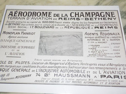 ANCIENNE PUBLICITE AERODROME DE LA CHAMPAGNE REIMS BETHENY 1910 - Other & Unclassified